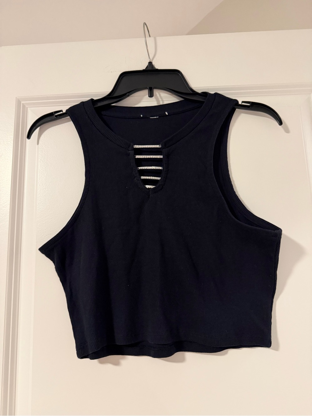 Macy's Black Ribbed Ladder-Accent Crop Tank